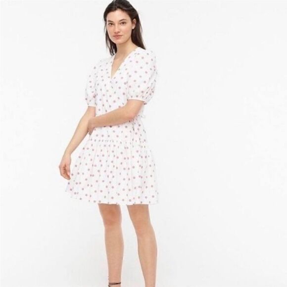 J. CREW White Polka Dot Red V-Neck Puff
Sleeve Poplin Wrap Mini Dress - Picture 1 of 16